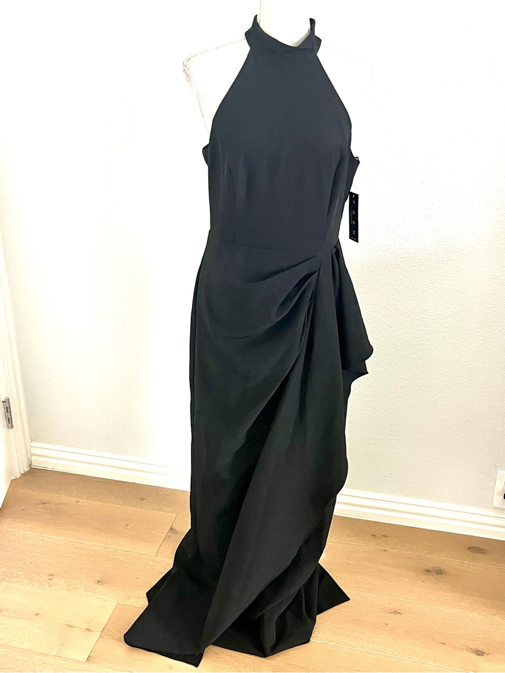 Posh Couture Black Halter Maxi Gown with Side Draping